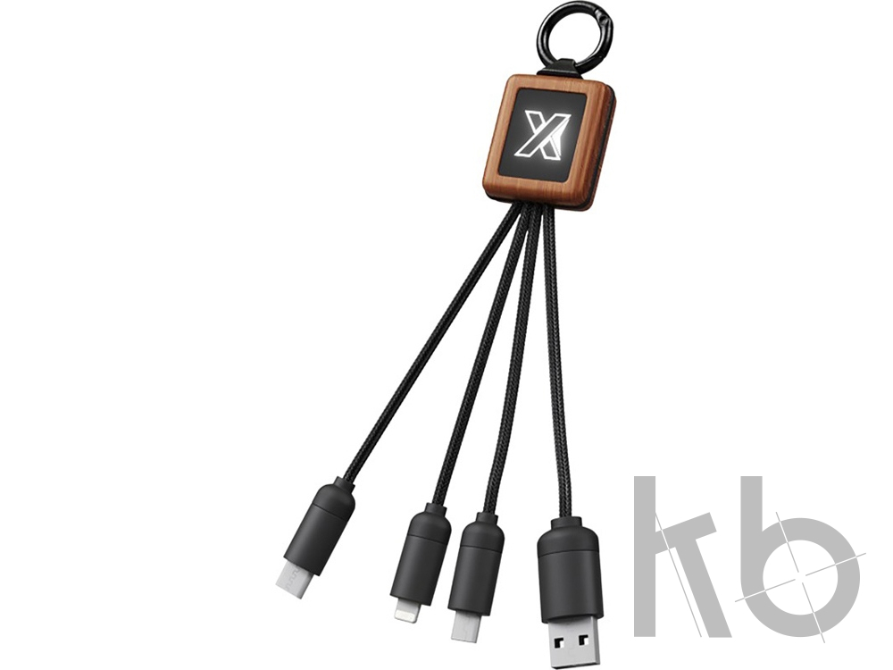 Кабель 3 в 1 на деревянной основе со светящимся логотипом