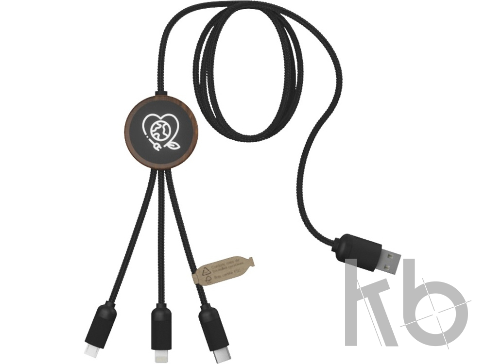 Зарядный кабель 3 в 1 со светящимся логотипом и округлым бамбуковым корпусом