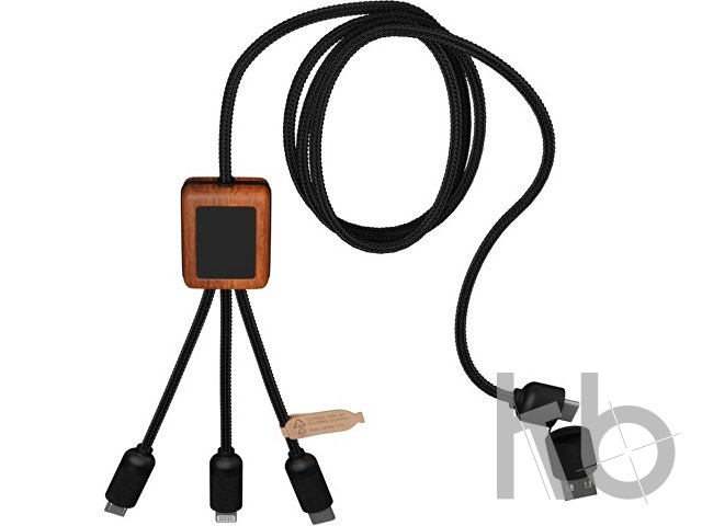 Зарядный кабель 3 в 1 со светящимся логотипом и округлым бамбуковым корпусом