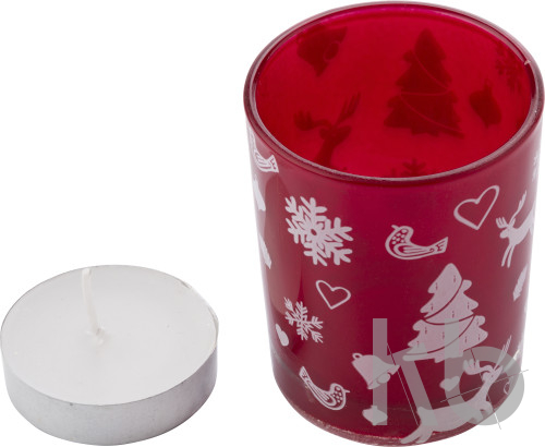 Glass candle holder with Christmas decorations