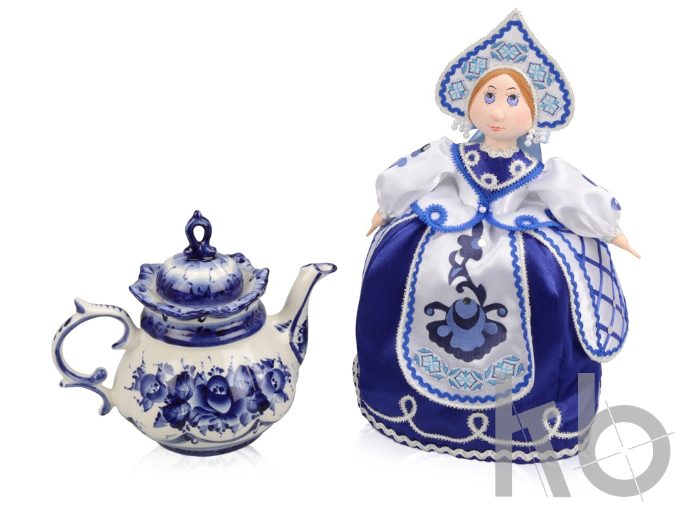 Подарочный набор «Гжель»: кукла на чайник, чайник заварной с росписью