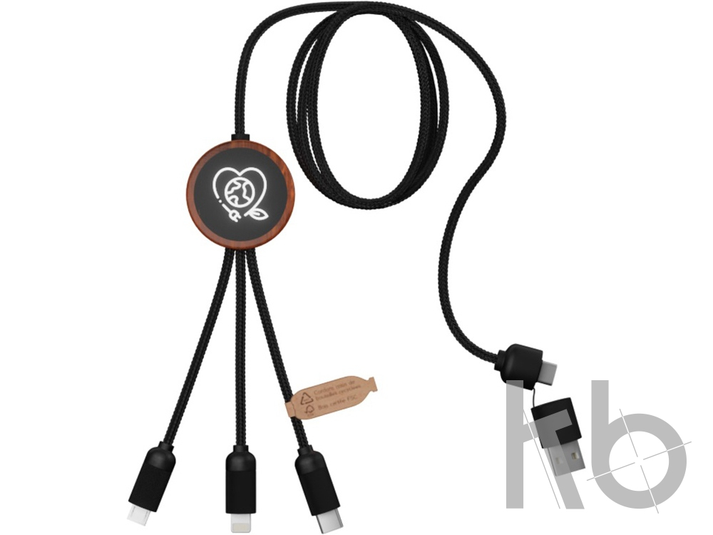 Зарядный кабель 3 в 1 со светящимся логотипом и округлым бамбуковым корпусом